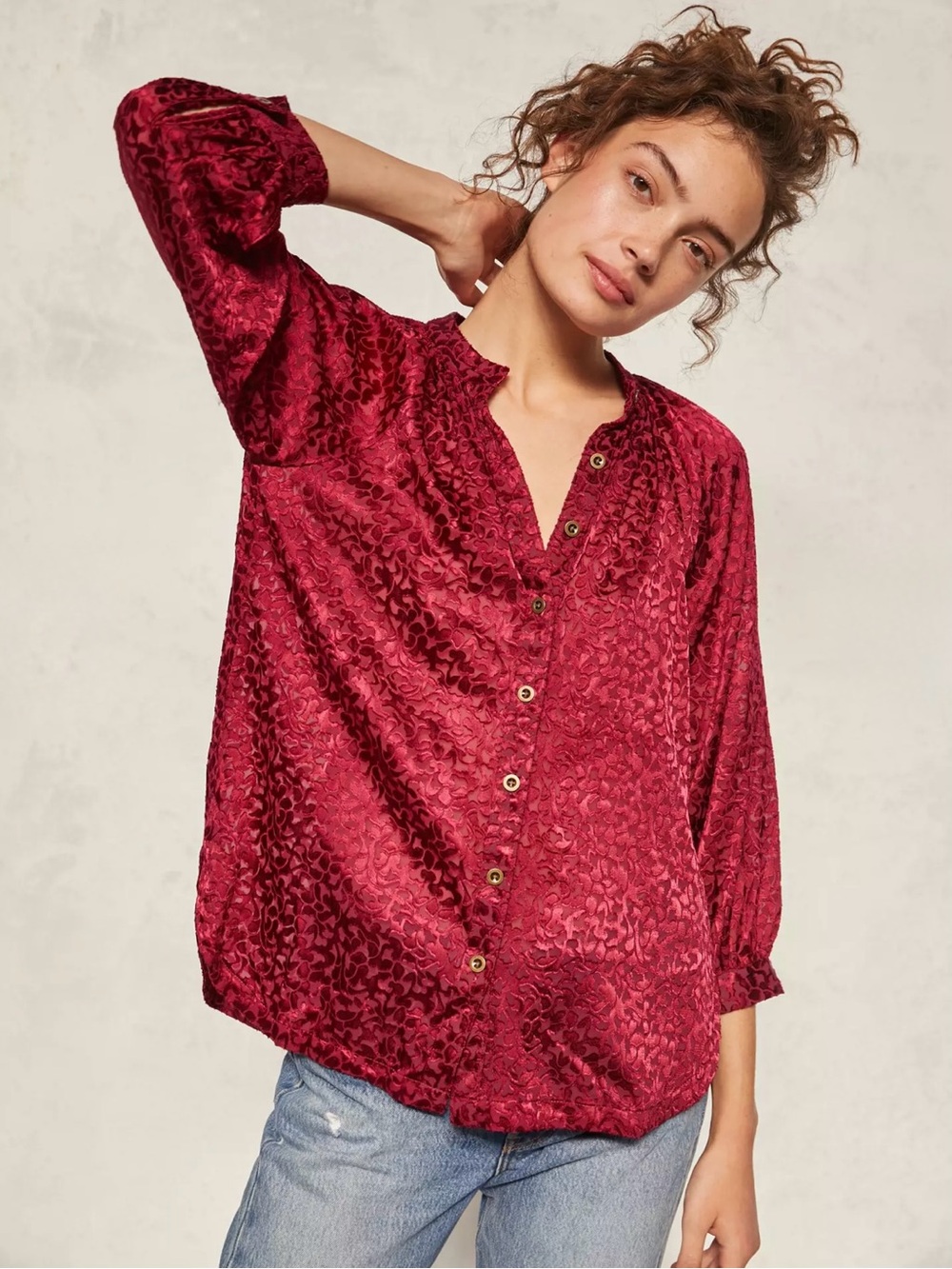 Anthropologie Susanna Burnout Velvet Oversized 3X Buttondown Semi Sheer Blouse - Picture 3 of 16